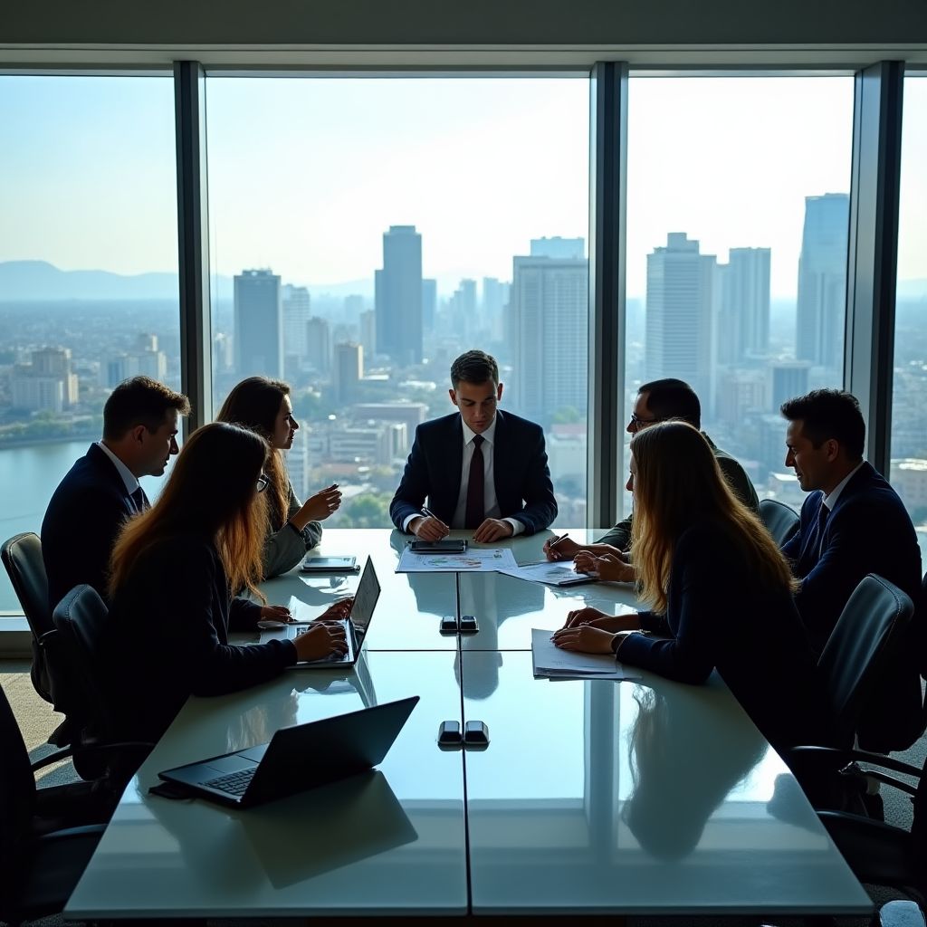 Equipo de consultores financieros discutiendo estrategias en una oficina moderna.